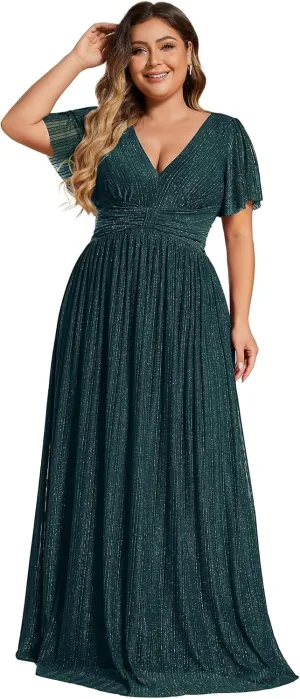 Ever-Pretty Women's A Line V Neck Glitter Short Sleeves Pleated Plus Size Formal Evening Dresses 11961-DA