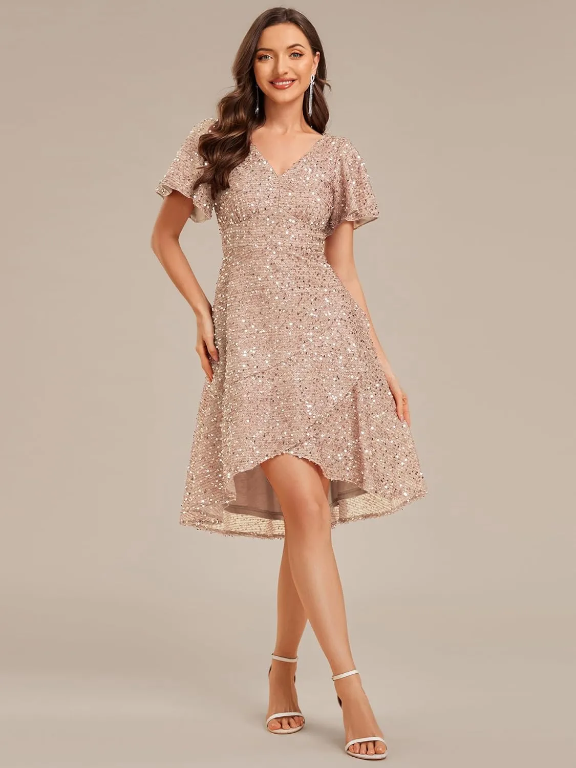 Ever-Pretty Women's V-Neck Short Sleeves Sequin High-Low Asymmetrical Hem Evening Dresses 02401