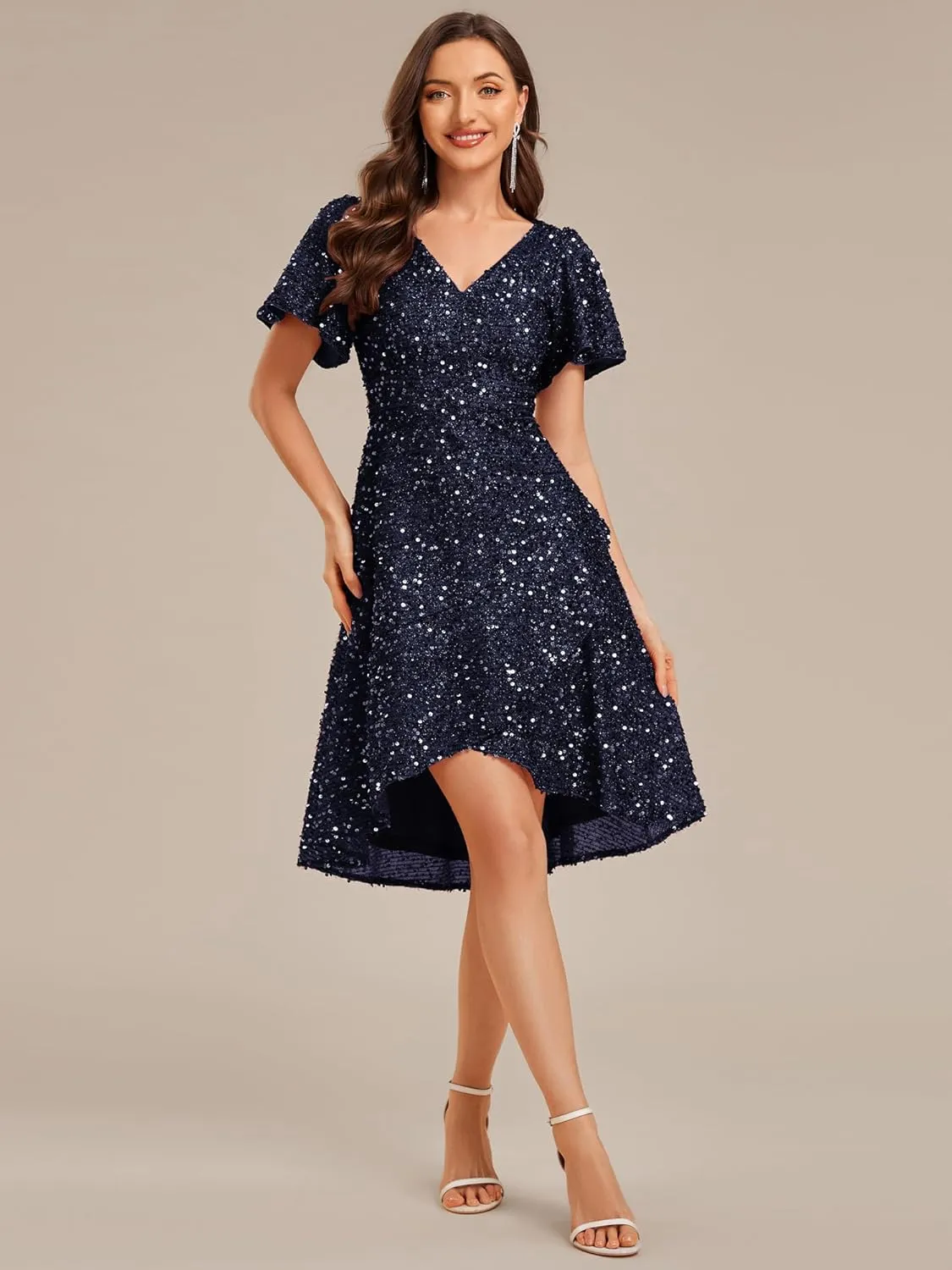 Ever-Pretty Women's V-Neck Short Sleeves Sequin High-Low Asymmetrical Hem Evening Dresses 02401