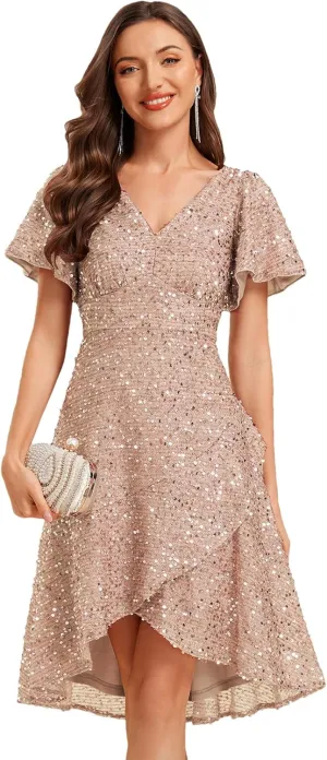Ever-Pretty Women's V-Neck Short Sleeves Sequin High-Low Asymmetrical Hem Evening Dresses 02401