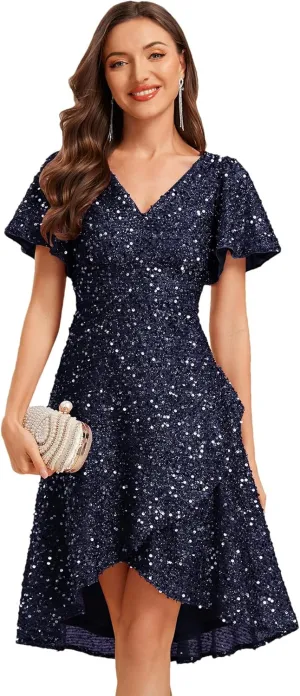 Ever-Pretty Women's V-Neck Short Sleeves Sequin High-Low Asymmetrical Hem Evening Dresses 02401