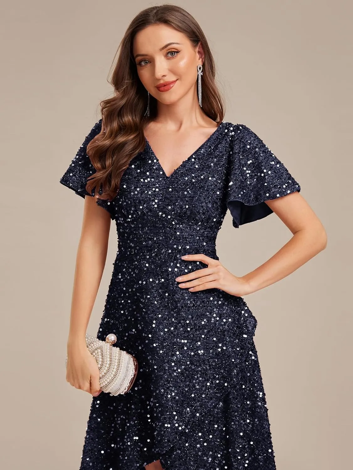 Ever-Pretty Women's V-Neck Short Sleeves Sequin High-Low Asymmetrical Hem Evening Dresses 02401