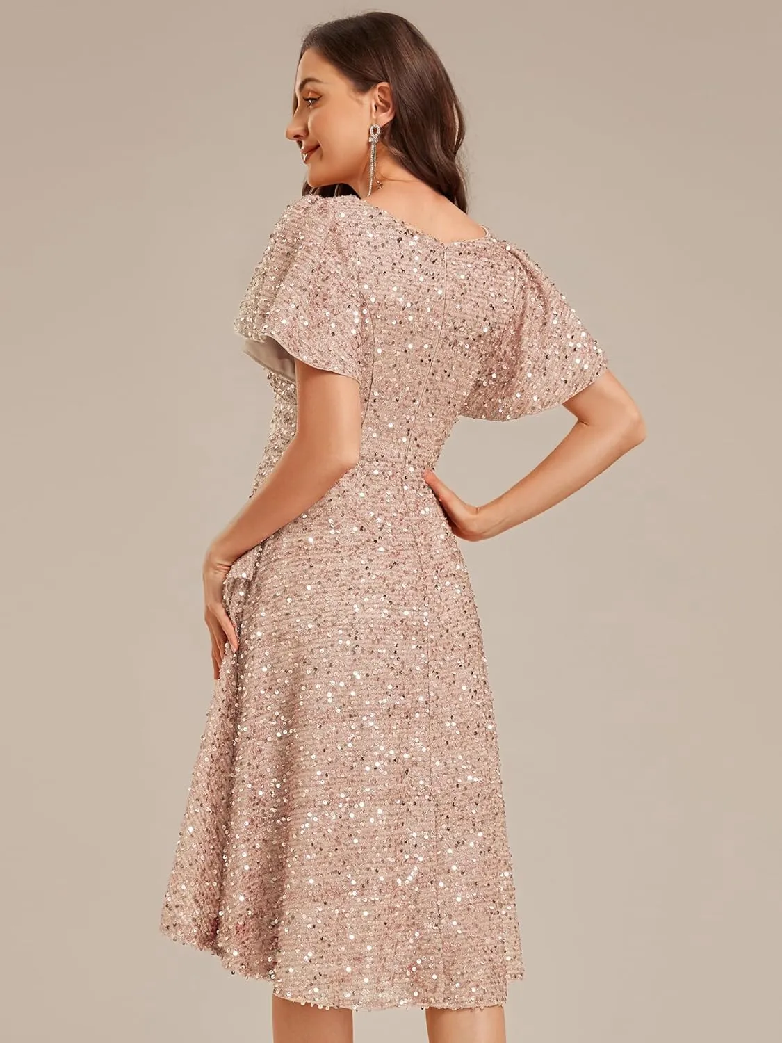 Ever-Pretty Women's V-Neck Short Sleeves Sequin High-Low Asymmetrical Hem Evening Dresses 02401