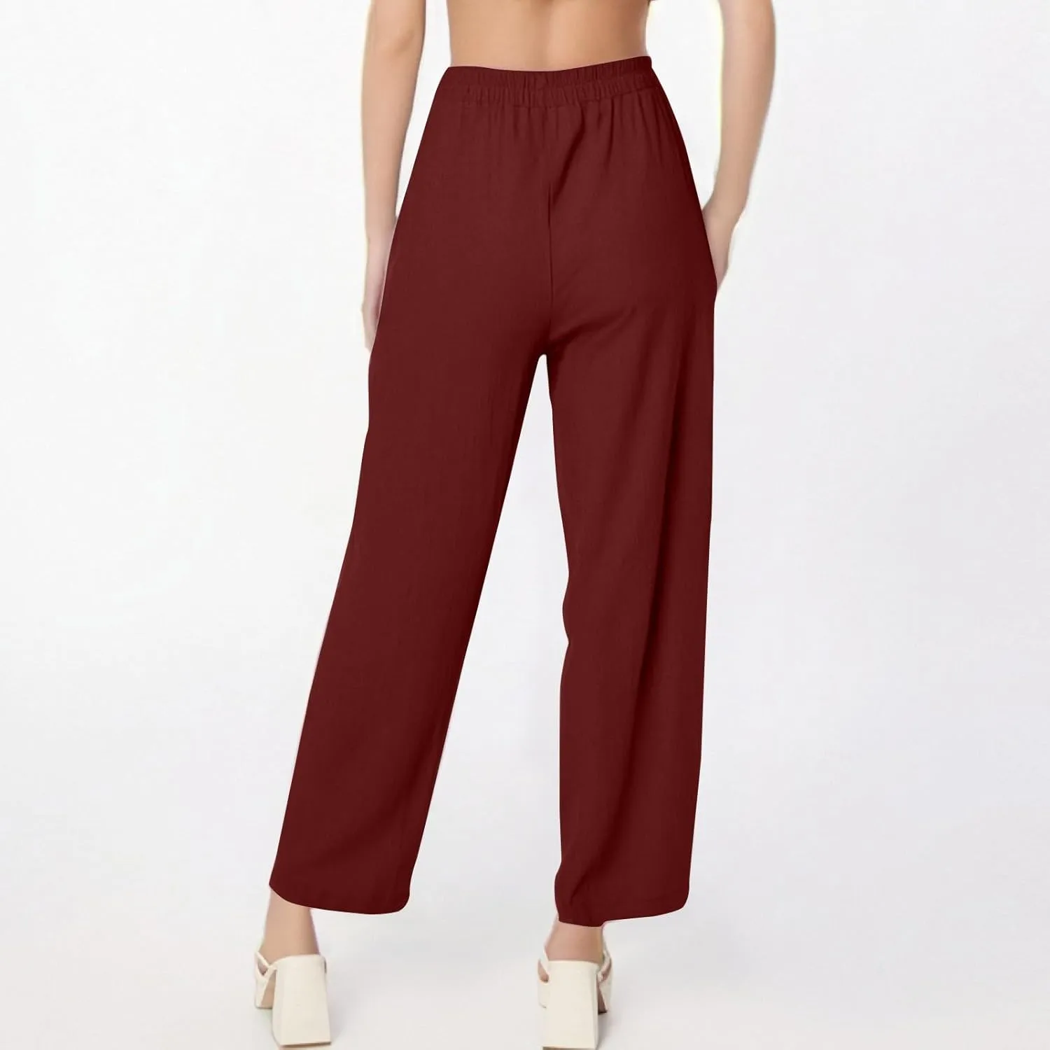 fanmpghleoo Wide Leg Linen Pants for Women Casual Elastic High Waisted Linen Pants Women Summer Linen Trousers with Pockets