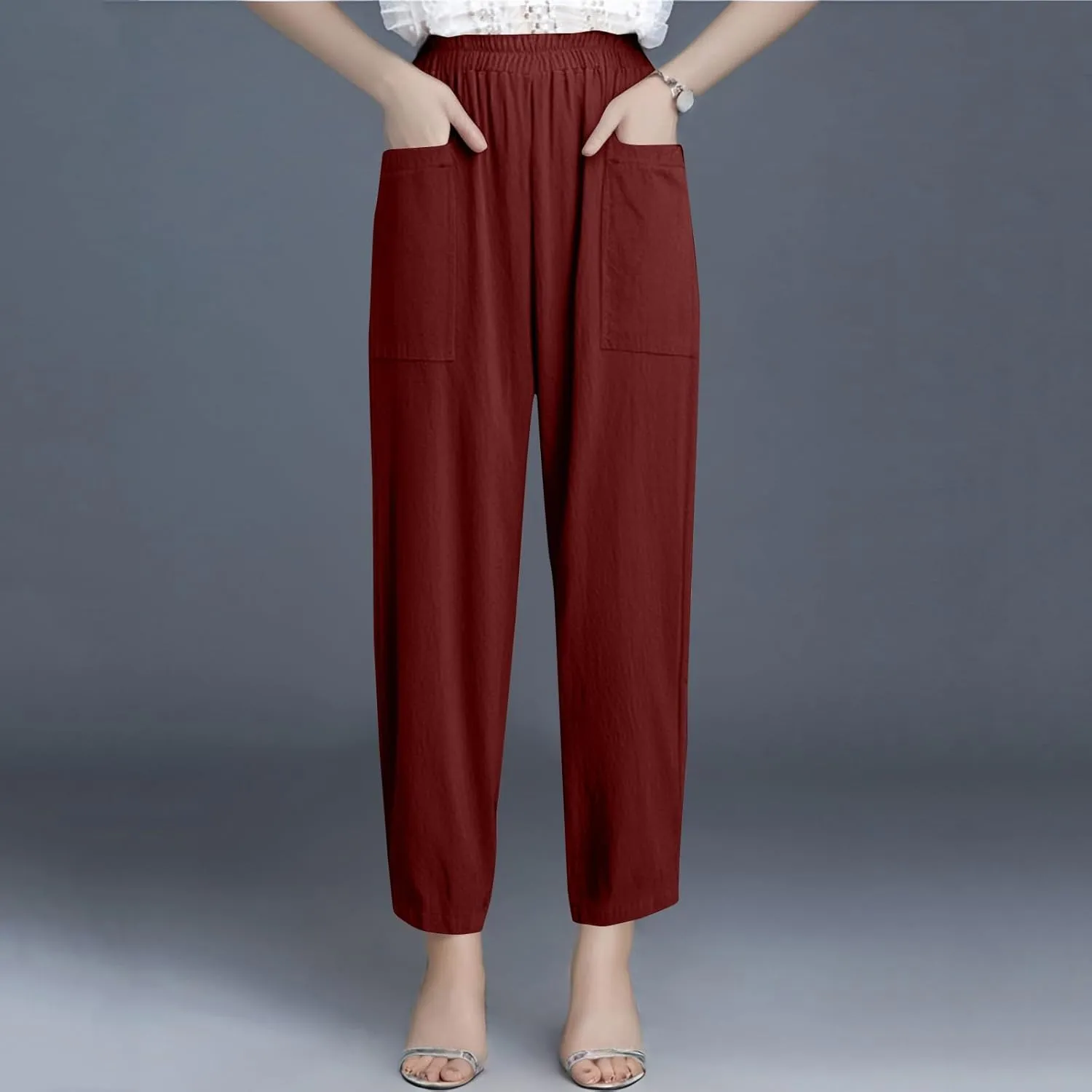 fanmpghleoo Wide Leg Linen Pants for Women Casual Elastic High Waisted Linen Pants Women Summer Linen Trousers with Pockets