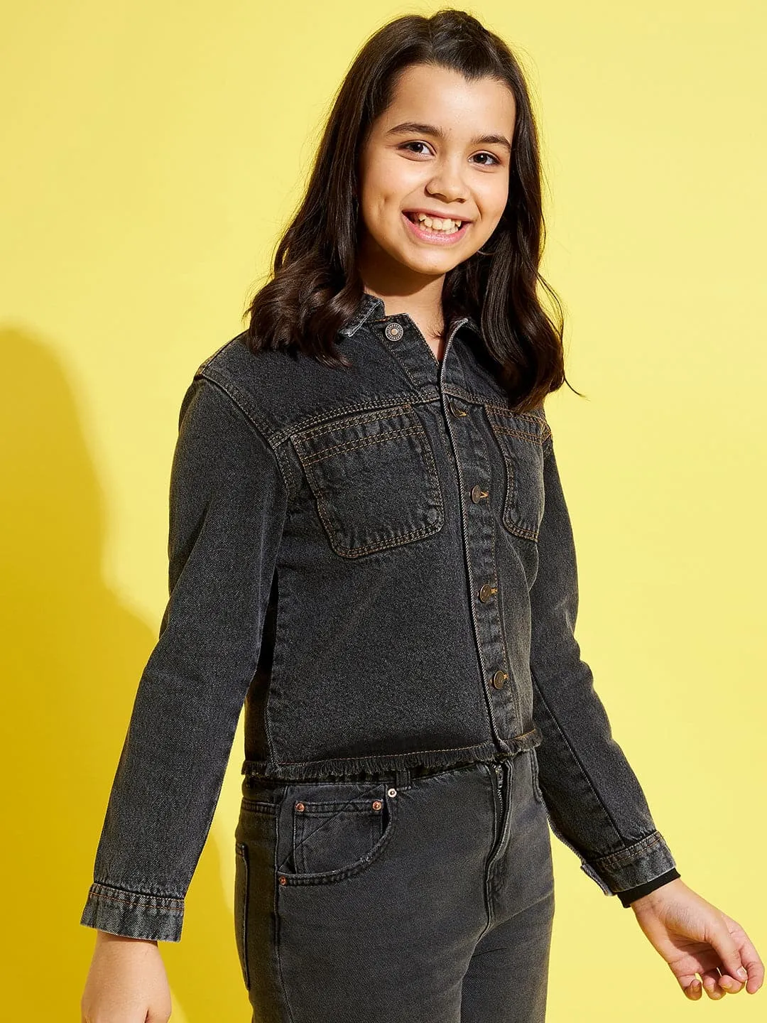 Girls Black Acid Wash Denim Raw Hem Jacket - Lyush Kids