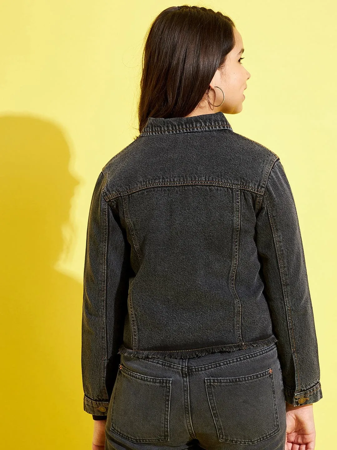 Girls Black Acid Wash Denim Raw Hem Jacket - Lyush Kids