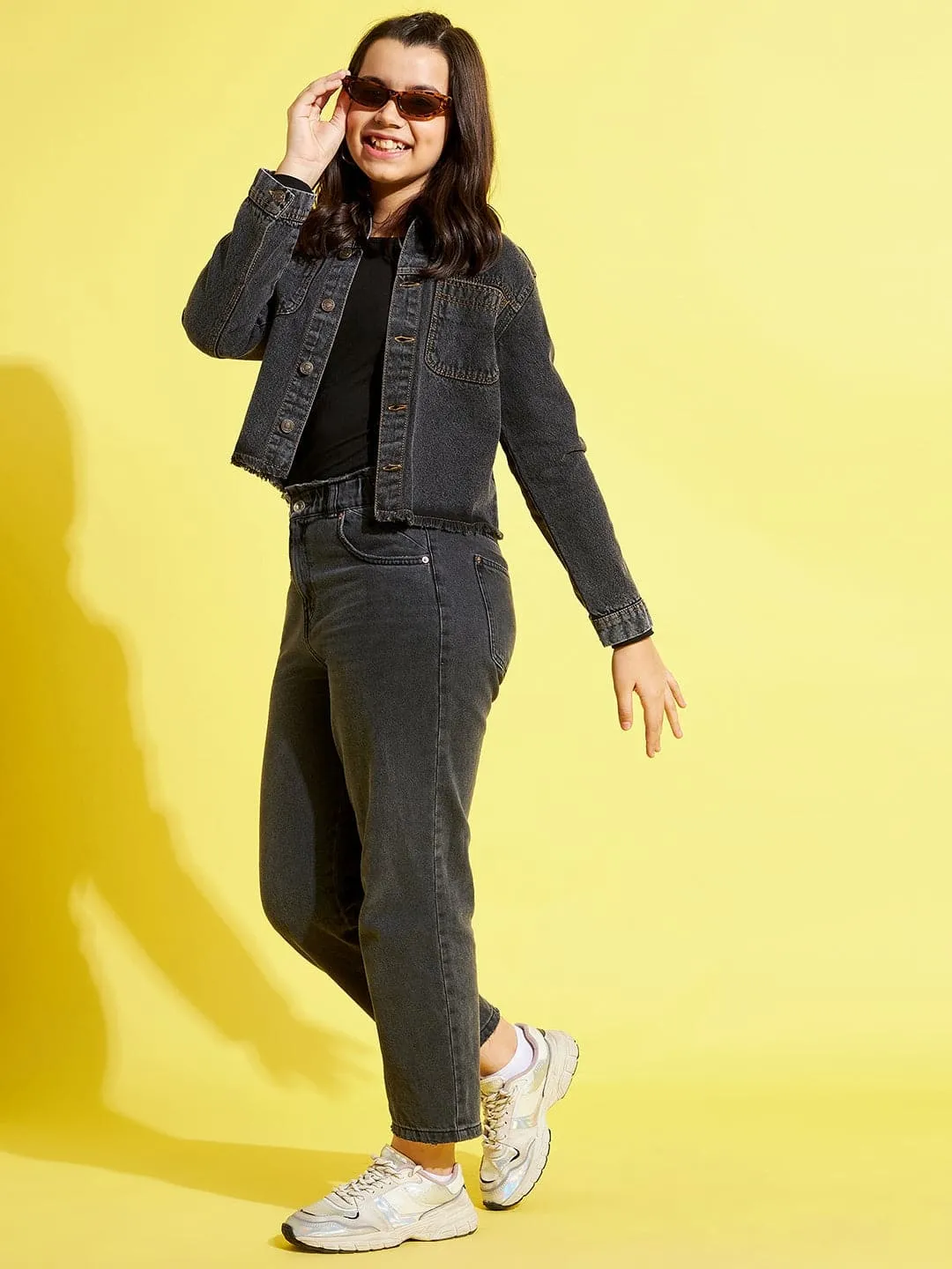 Girls Black Acid Wash Denim Raw Hem Jacket - Lyush Kids