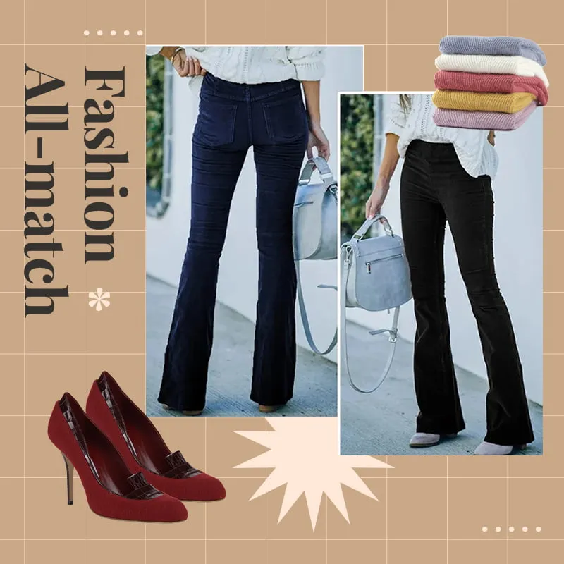 High Waist Slim Micro Corduroy Elastic Waist Lounge Pants