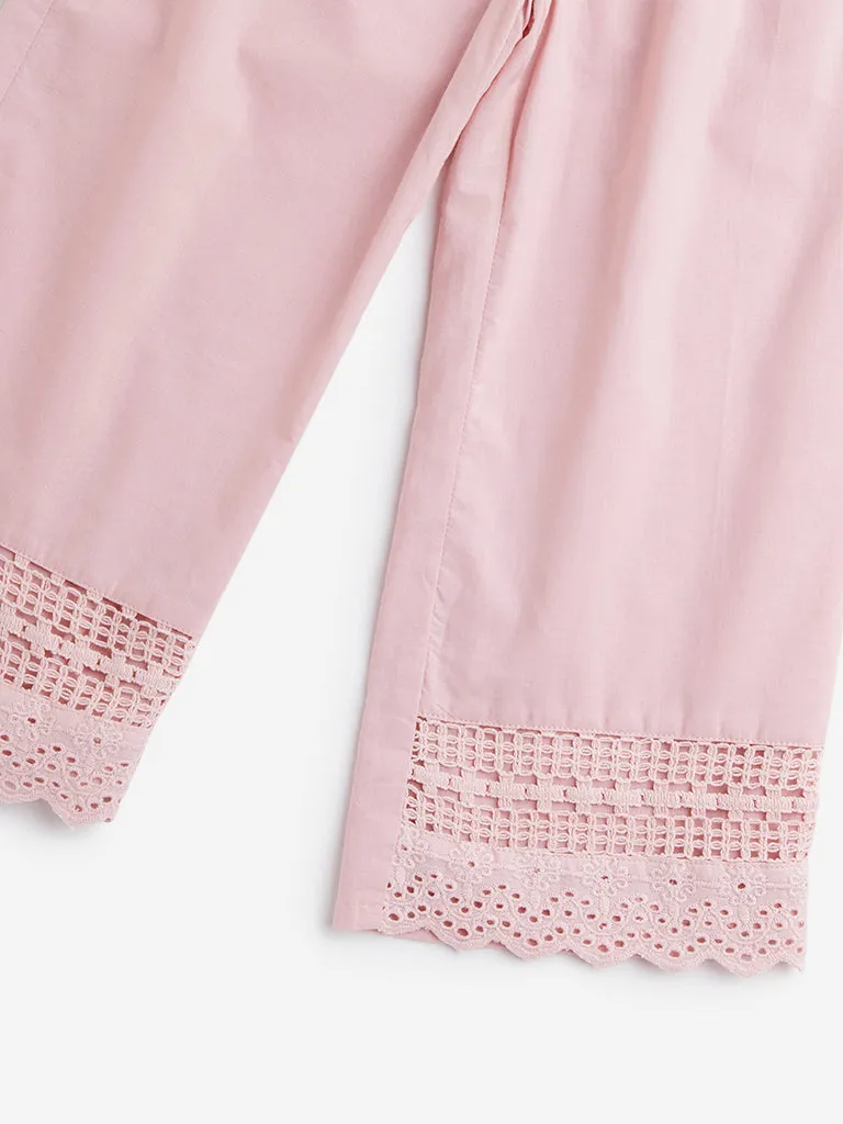 HOP Kids Dusty Pink Crochet-Detailed High-Rise Cotton Pants