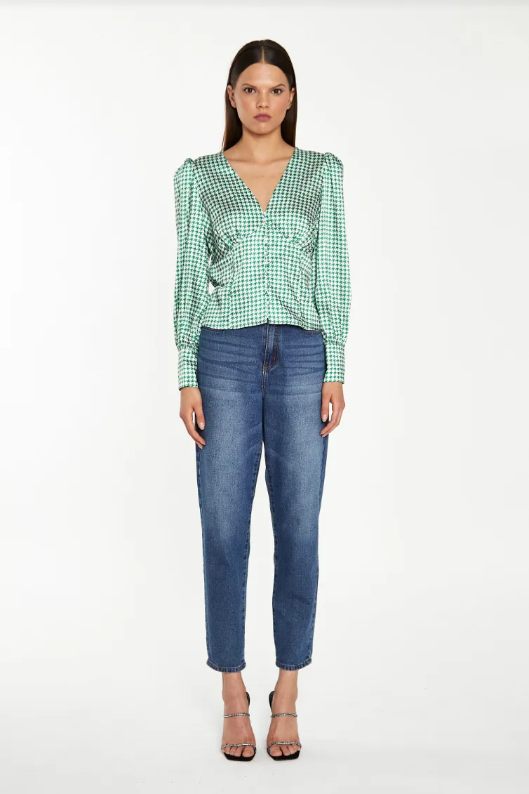 Houndstooth Blouse- Emerald/White