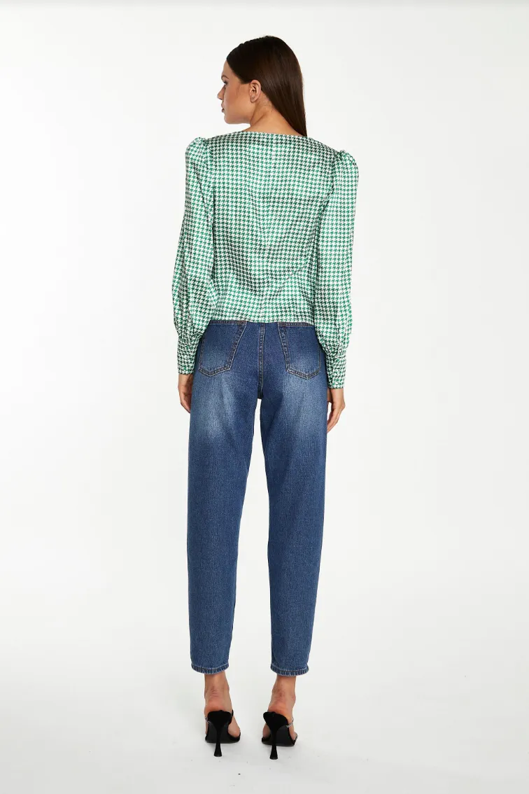 Houndstooth Blouse- Emerald/White