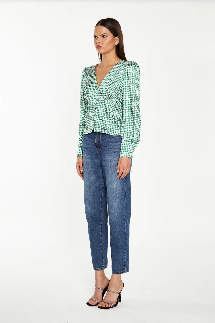 Houndstooth Blouse- Emerald/White
