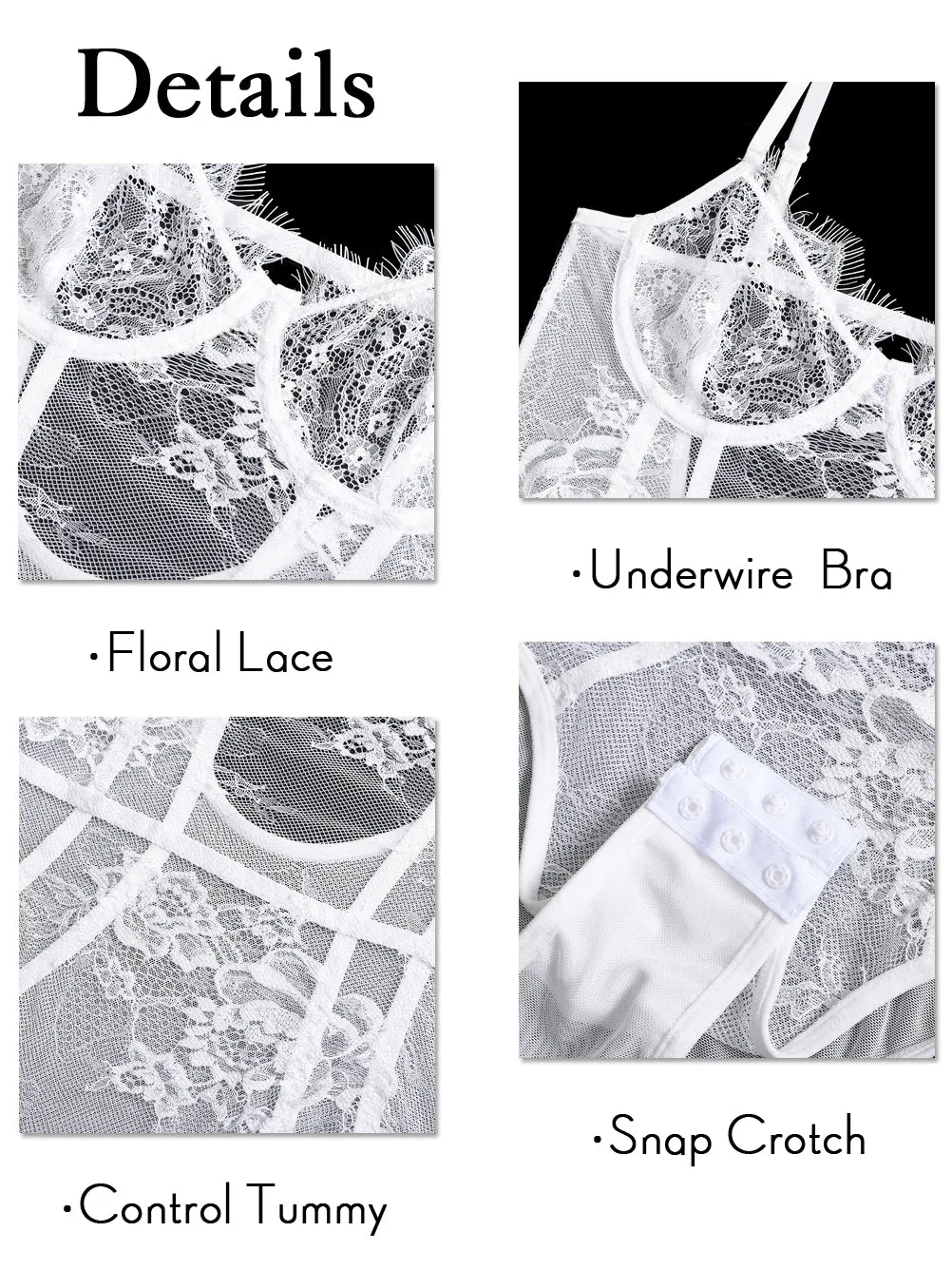 Kaei&Shi Scalloped Eyelash Mesh Sheer Lace Bodysuit,Underwire Backless Snap Crotch One Piece Body Suit