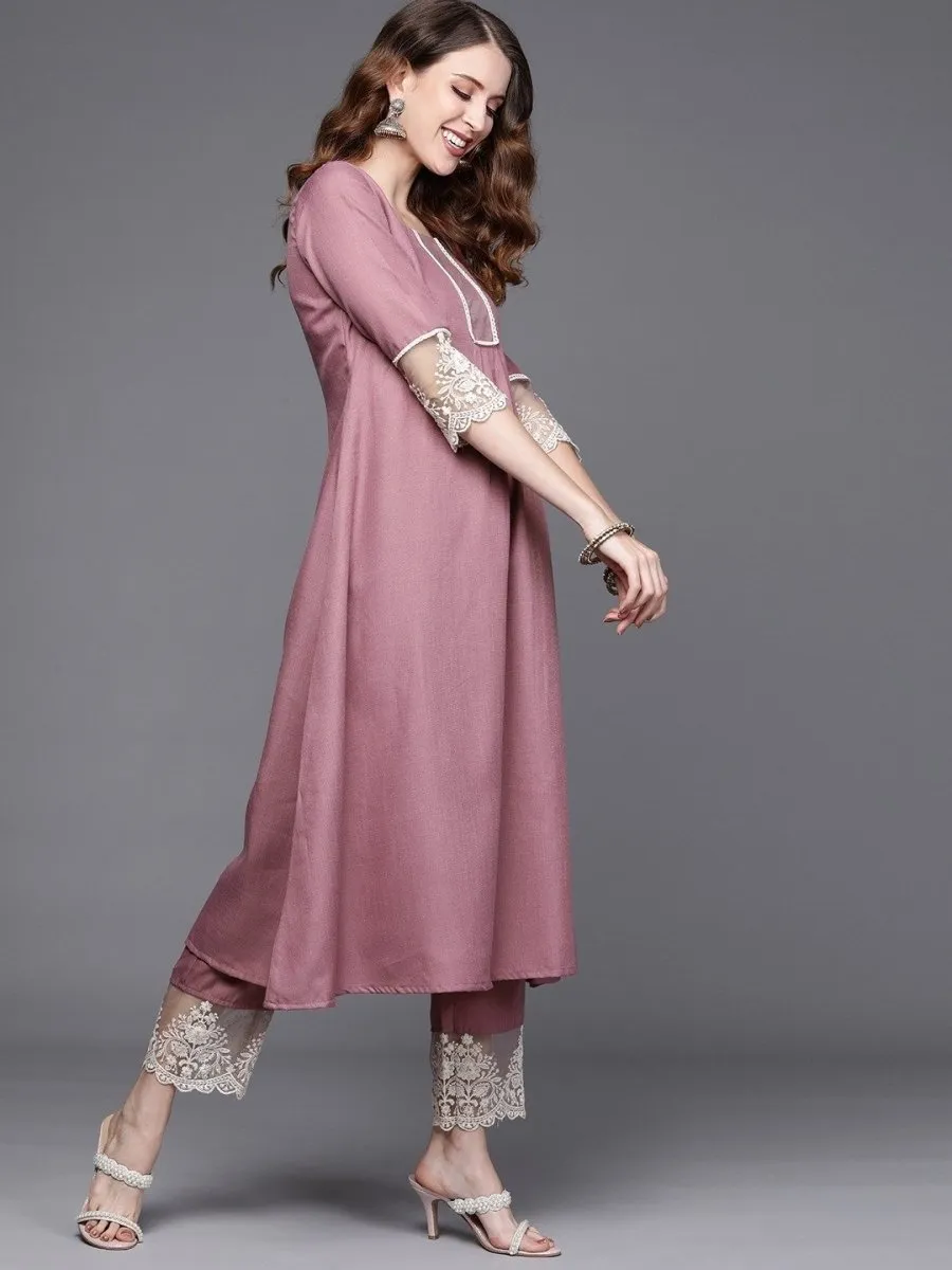Lilac Solid Kurta with Embroidered Pants and Net Embroidered Dupatta