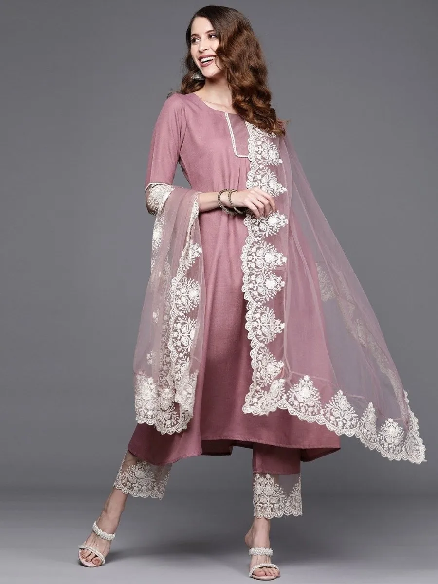 Lilac Solid Kurta with Embroidered Pants and Net Embroidered Dupatta