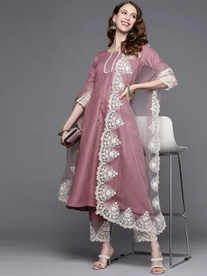Lilac Solid Kurta with Embroidered Pants and Net Embroidered Dupatta