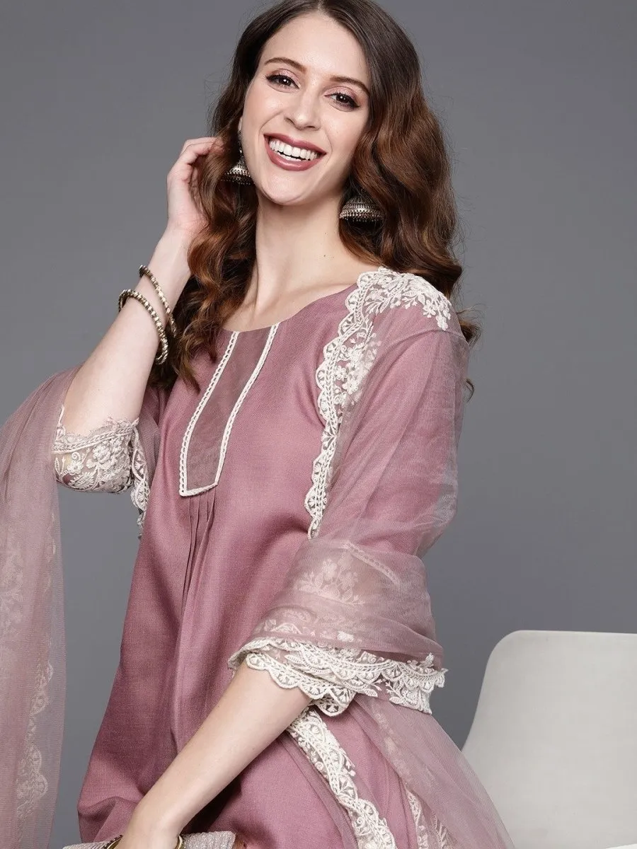 Lilac Solid Kurta with Embroidered Pants and Net Embroidered Dupatta
