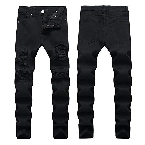 LONGBIDA Mens Skinny Holes Ripped Straight Hip Hop Biker Stretchy Jeans（Black,32）