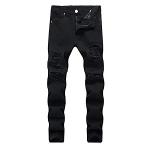 LONGBIDA Mens Skinny Holes Ripped Straight Hip Hop Biker Stretchy Jeans（Black,32）
