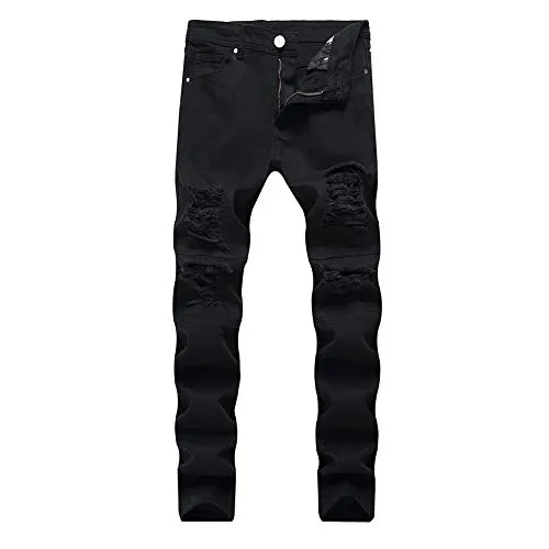 LONGBIDA Mens Skinny Holes Ripped Straight Hip Hop Biker Stretchy Jeans（Black,32）