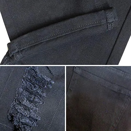 LONGBIDA Mens Skinny Holes Ripped Straight Hip Hop Biker Stretchy Jeans（Black,32）