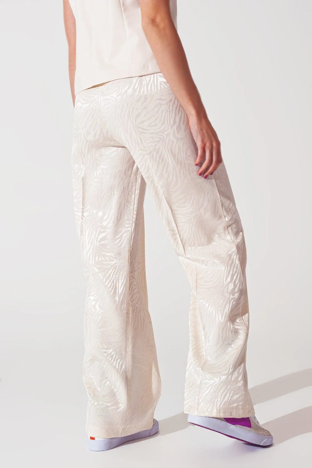Loose Fit Zebra Print Pants In White