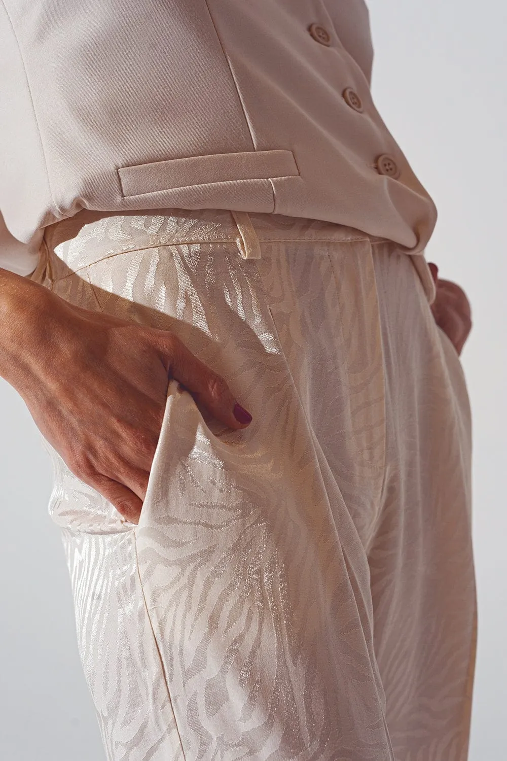 Loose Fit Zebra Print Pants In White