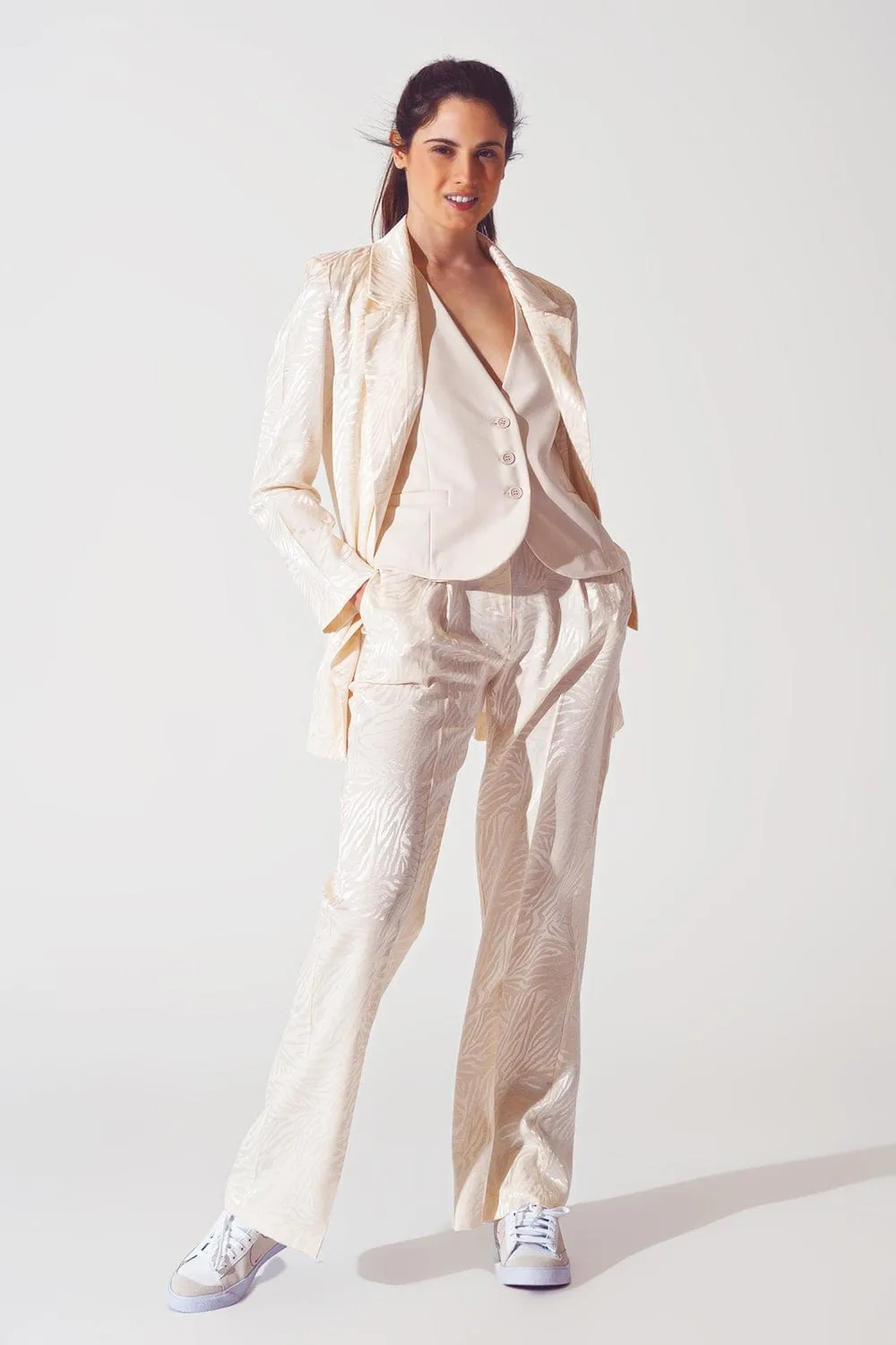 Loose Fit Zebra Print Pants In White