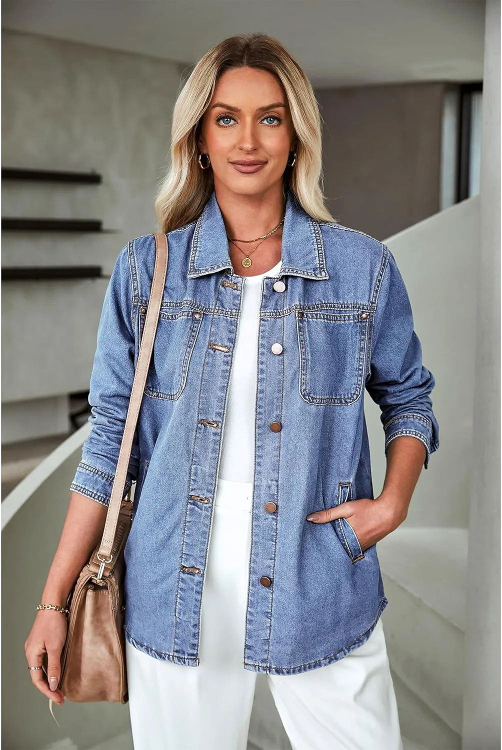 luvamia Denim Jackets for Women Trendy Long Sleeve Button Down Shirt Jacket Jean Shacket with Pocket Western Work Jacket