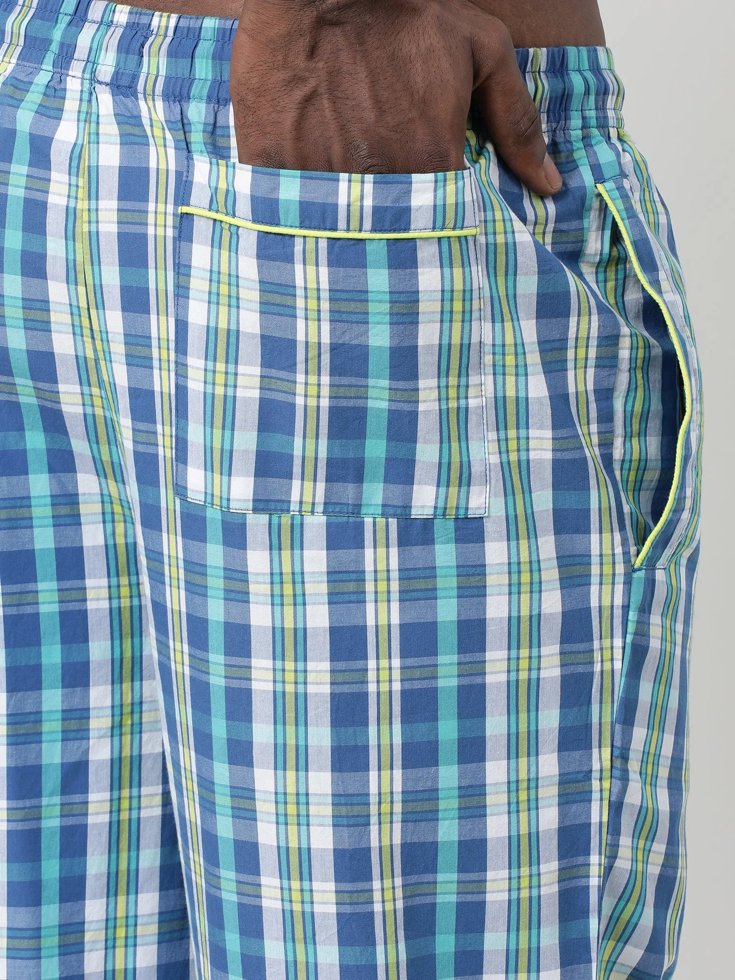 Men Oversized Blue Cotton Checkered Knit Lounge Pants
