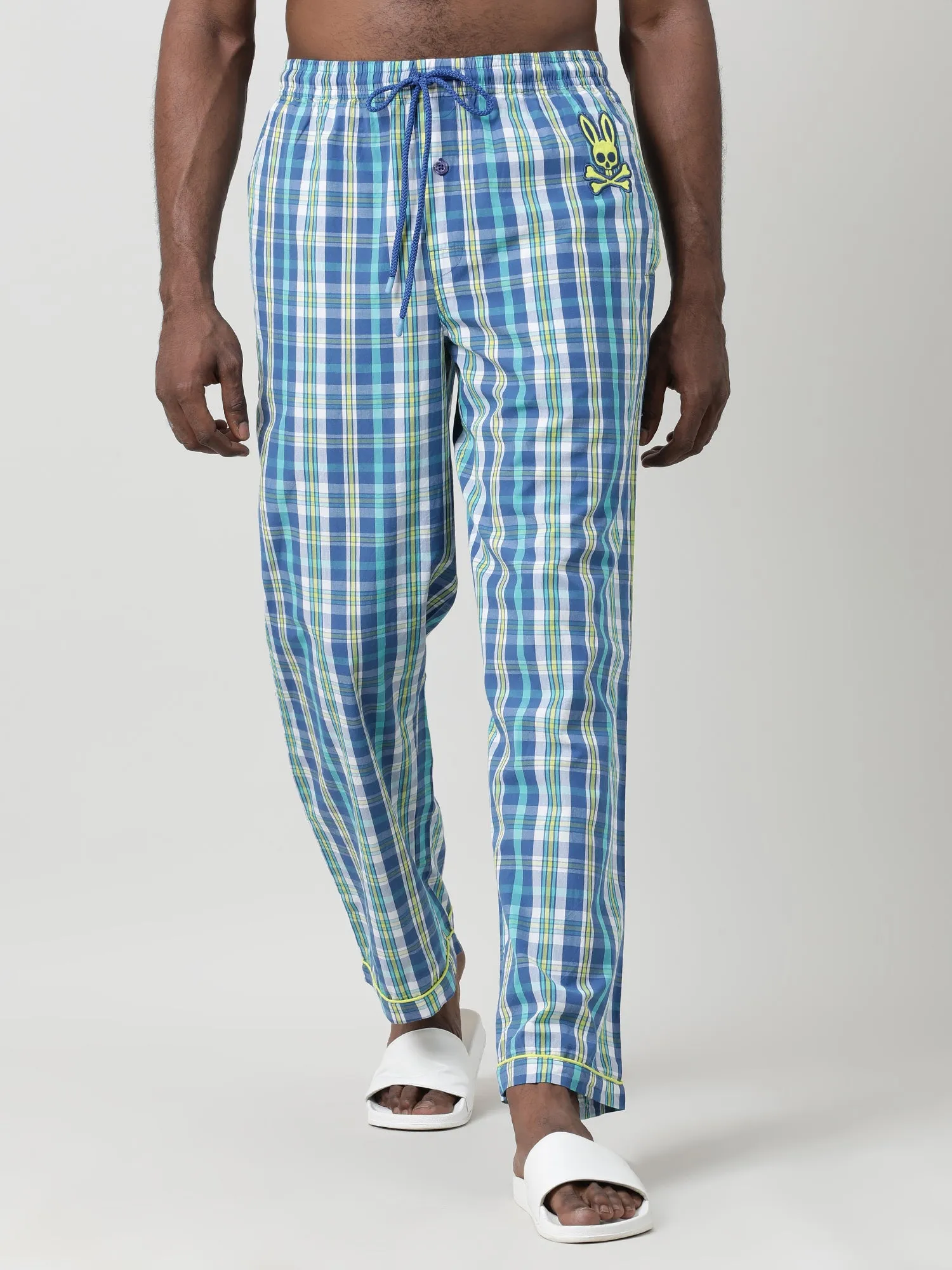 Men Oversized Blue Cotton Checkered Knit Lounge Pants
