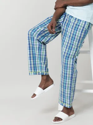 Men Oversized Blue Cotton Checkered Knit Lounge Pants