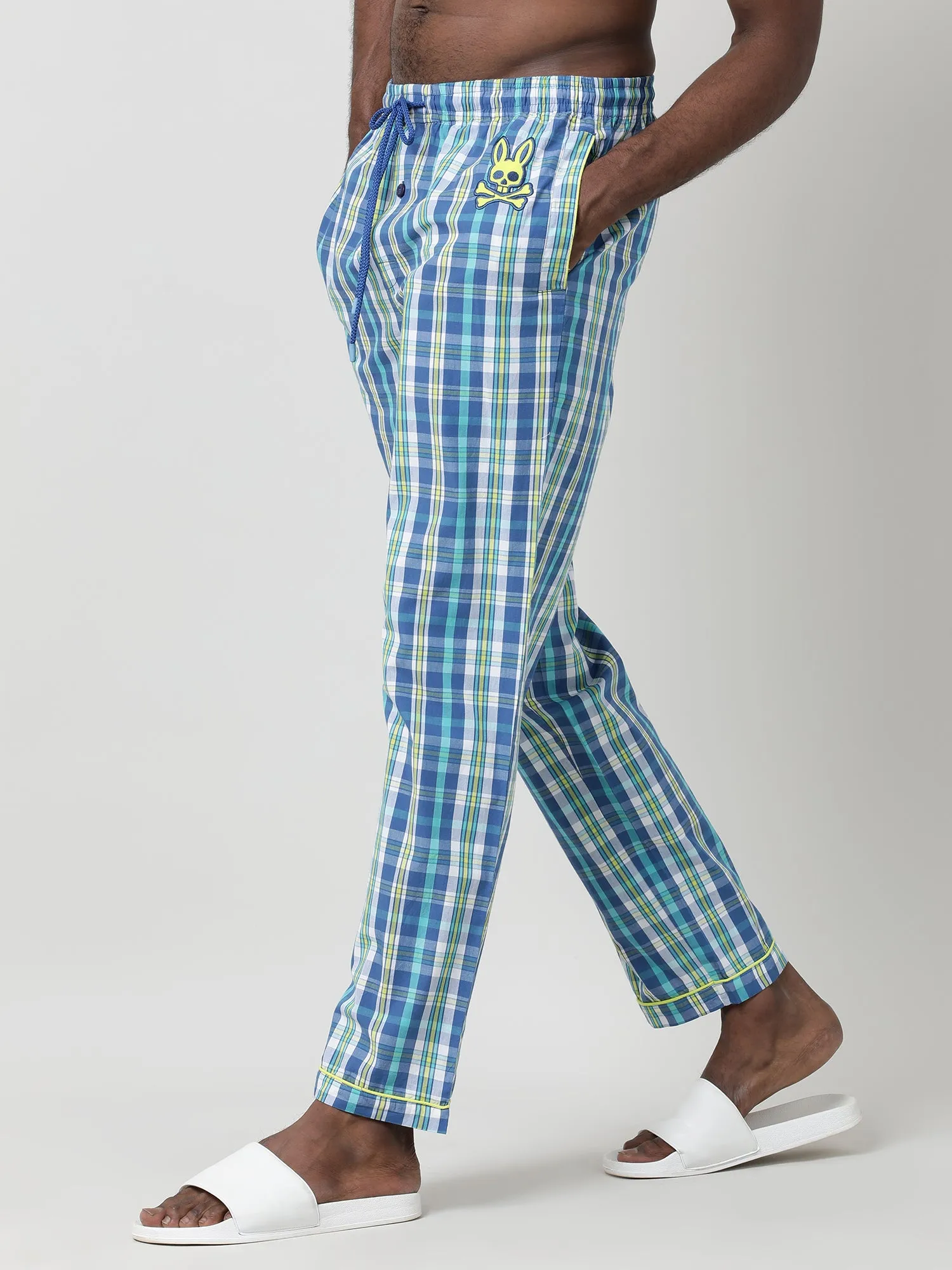Men Oversized Blue Cotton Checkered Knit Lounge Pants