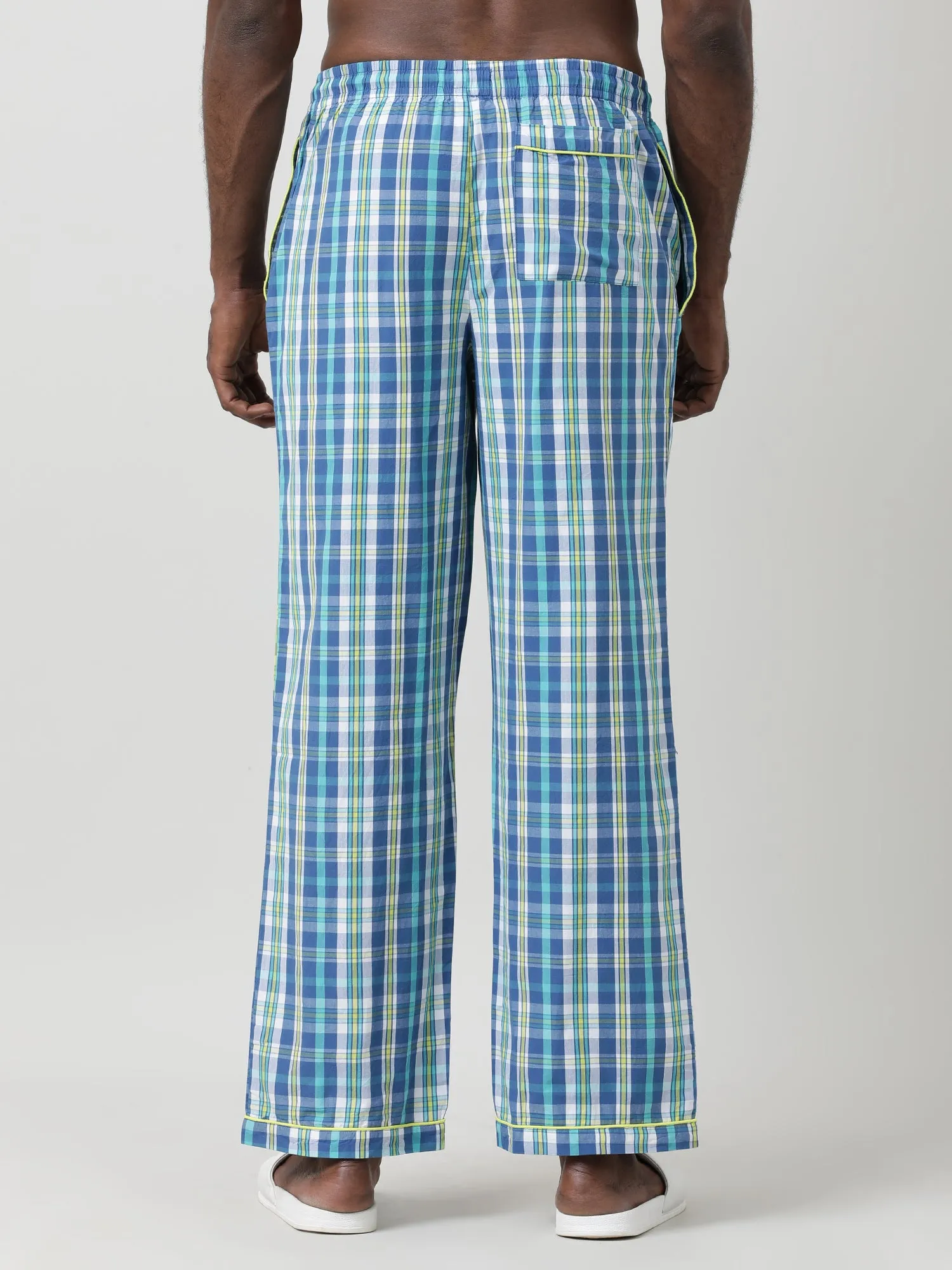 Men Oversized Blue Cotton Checkered Knit Lounge Pants