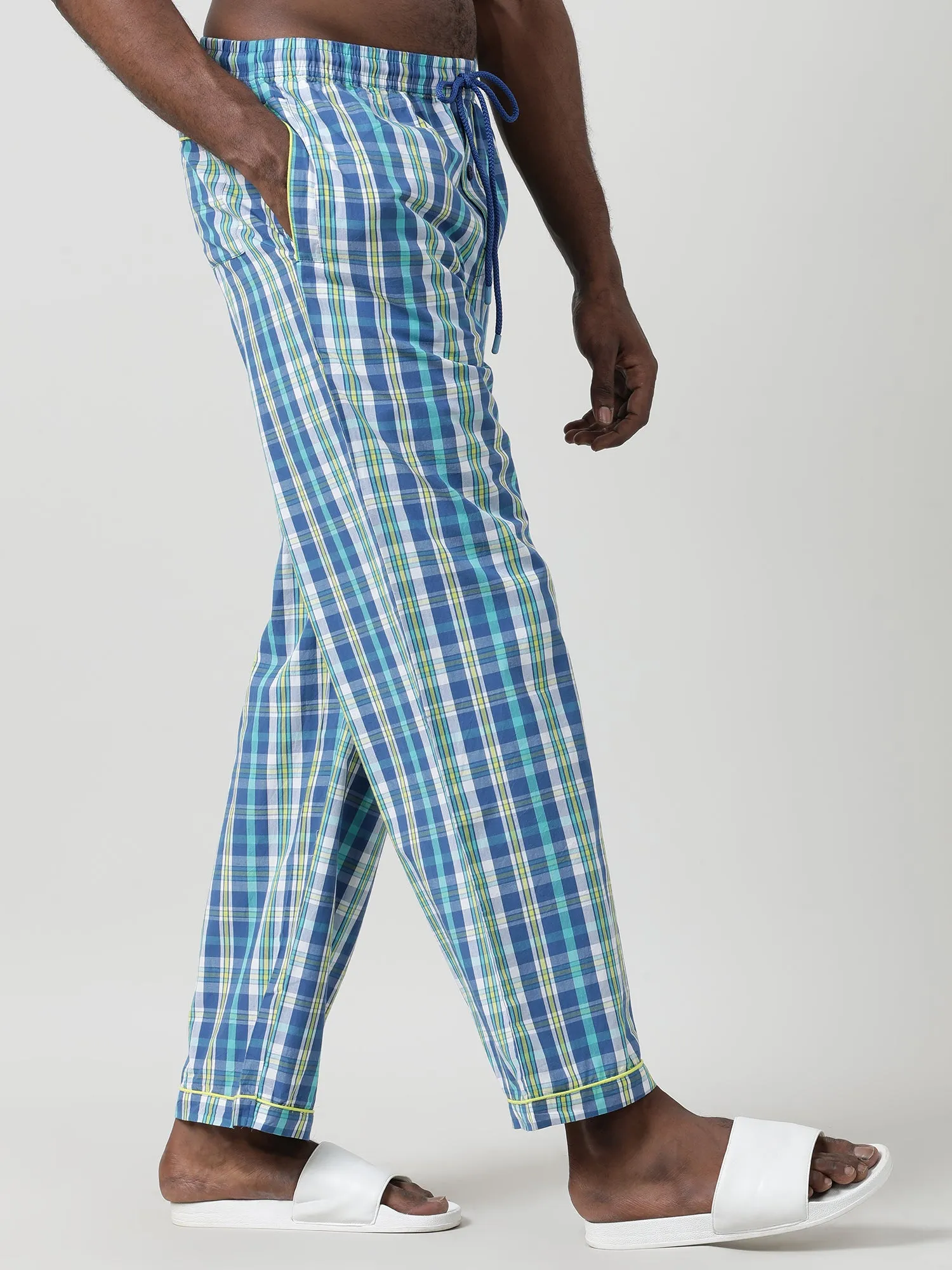 Men Oversized Blue Cotton Checkered Knit Lounge Pants