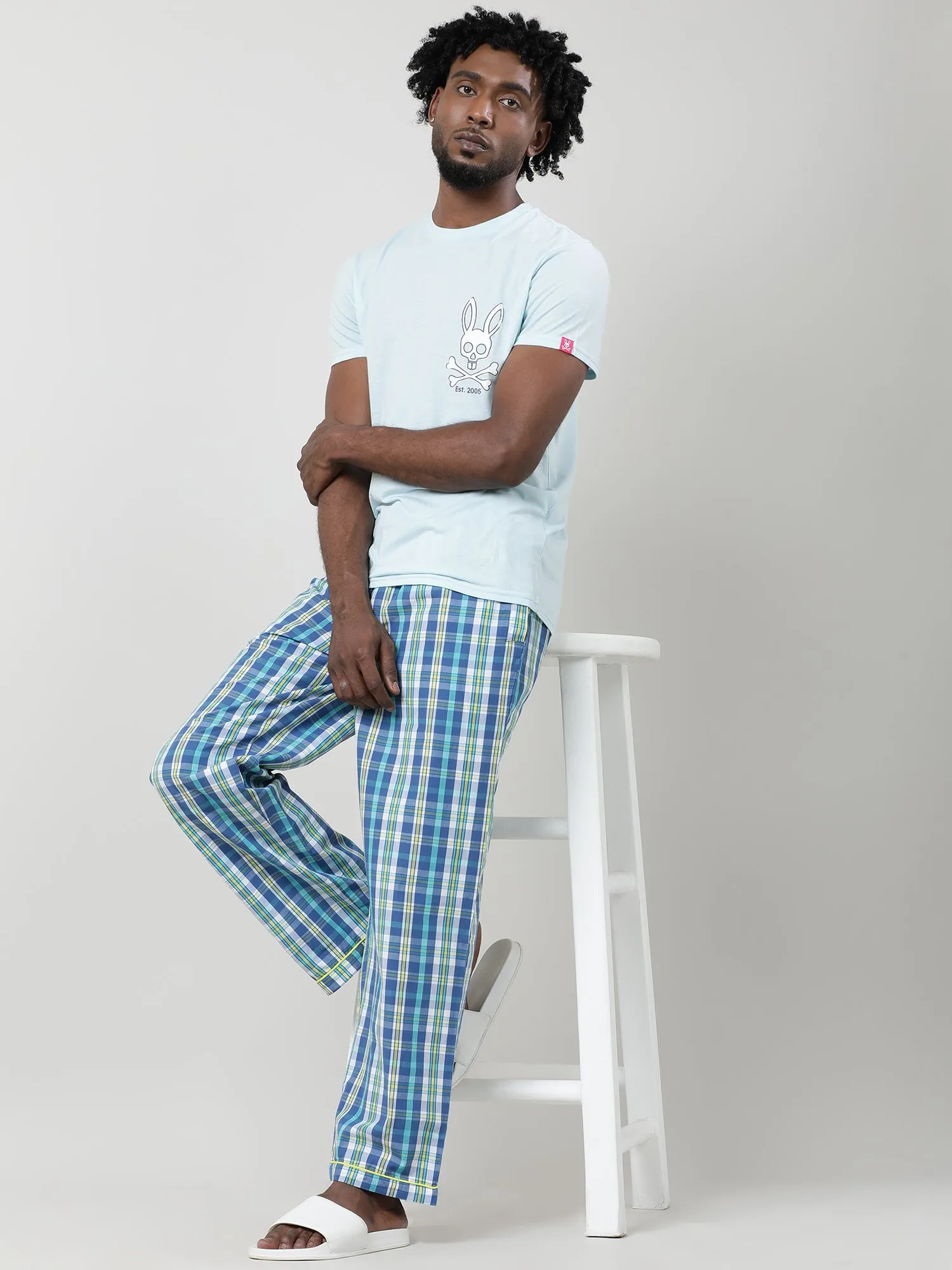 Men Oversized Blue Cotton Checkered Knit Lounge Pants