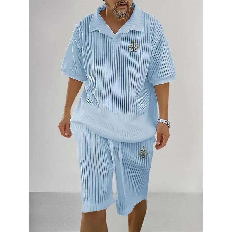 Men's Casual Trendy Lapel Knitted Short-sleeved Suit 40926378YM