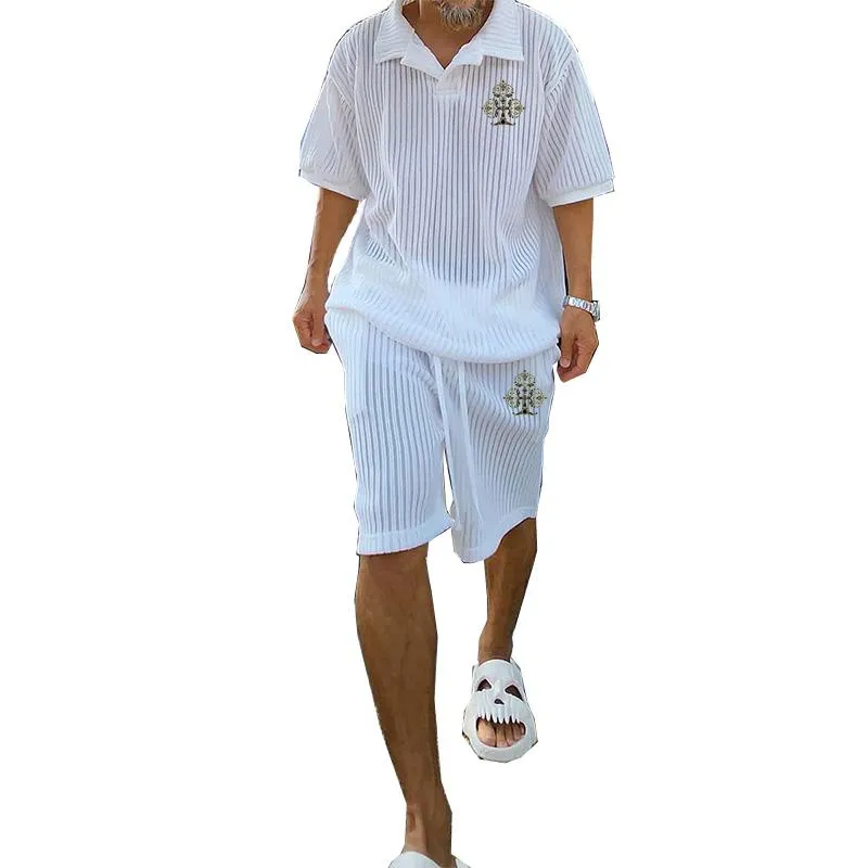 Men's Casual Trendy Lapel Knitted Short-sleeved Suit 40926378YM