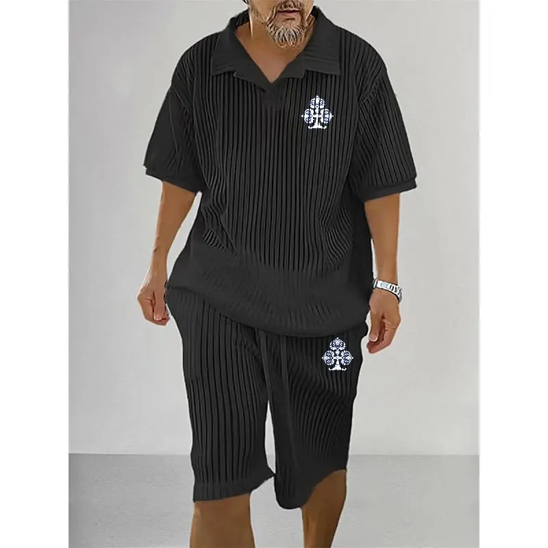 Men's Casual Trendy Lapel Knitted Short-sleeved Suit 40926378YM