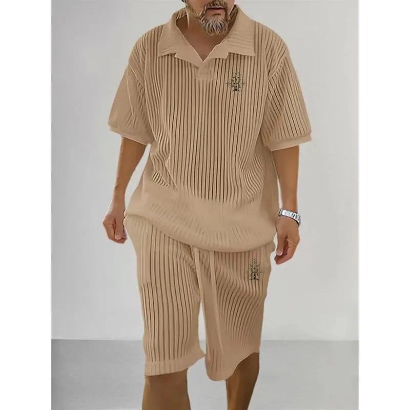 Men's Casual Trendy Lapel Knitted Short-sleeved Suit 40926378YM