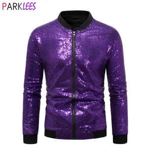 Men’s Purple Sequin Bomber Jacket – Zip-Up Sparkle Baseball Coat for Parties