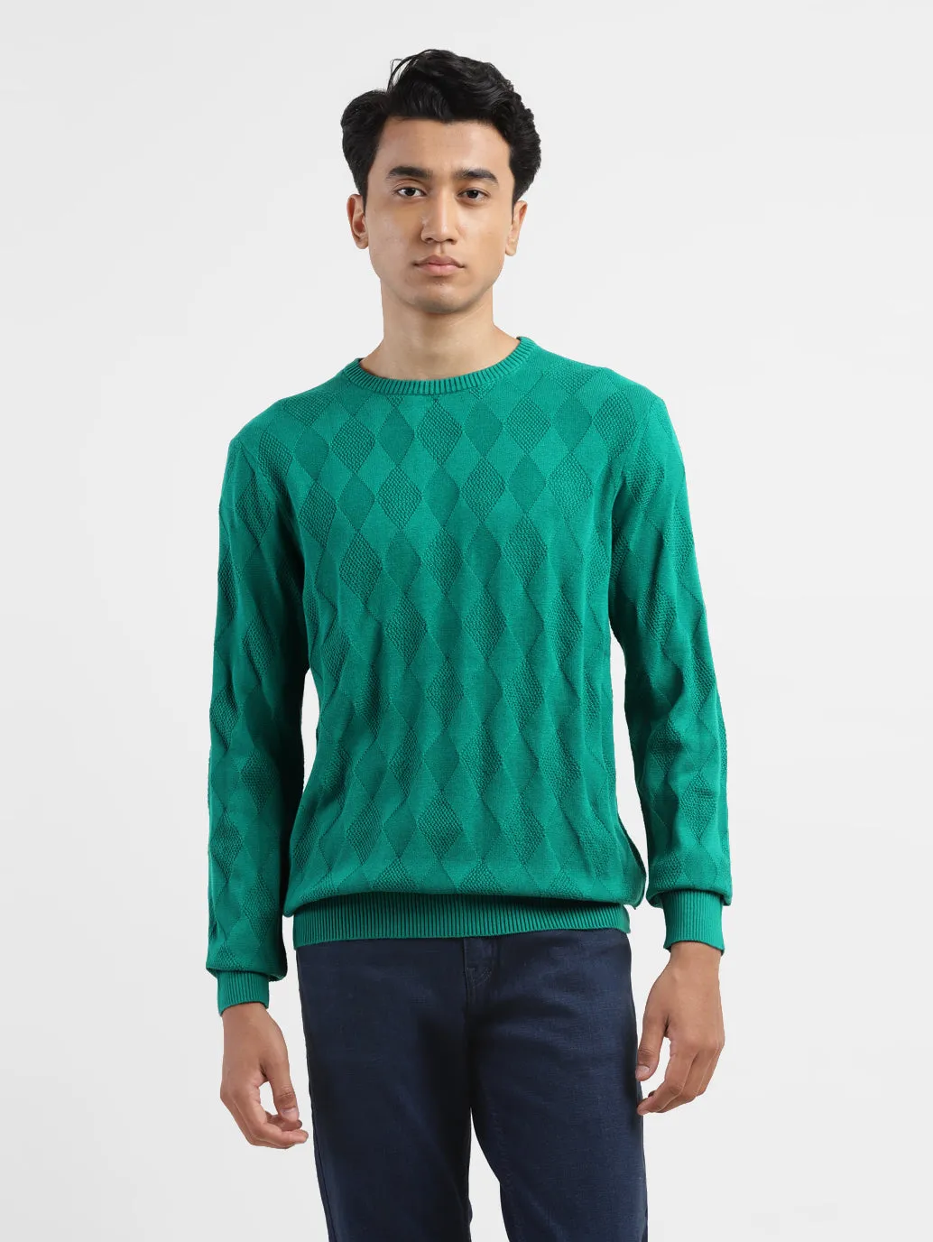 Men's Self Design Green Crew Neck Sweater