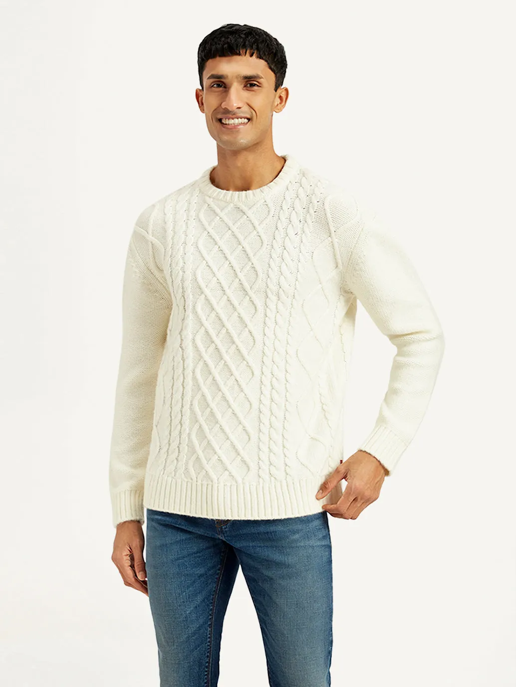 Men's Solid White Crew Neck Sweater