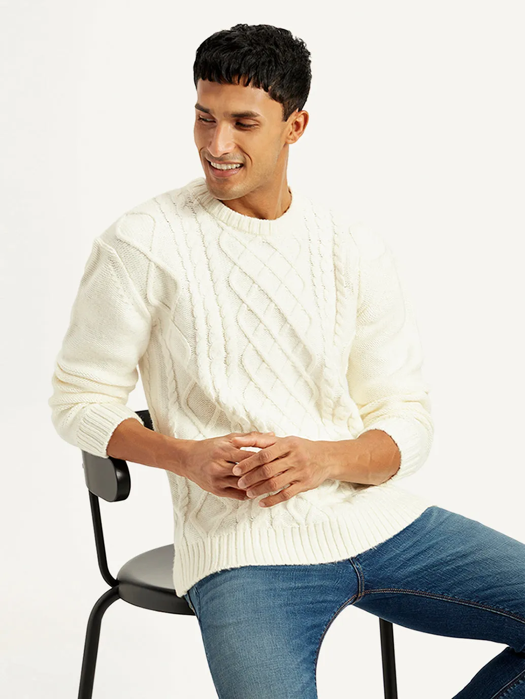 Men's Solid White Crew Neck Sweater
