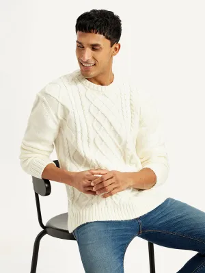 Men's Solid White Crew Neck Sweater