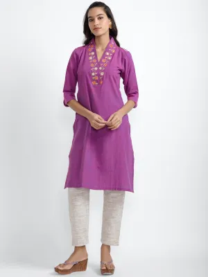 Mirror Work Cotton Kurta set - Purple