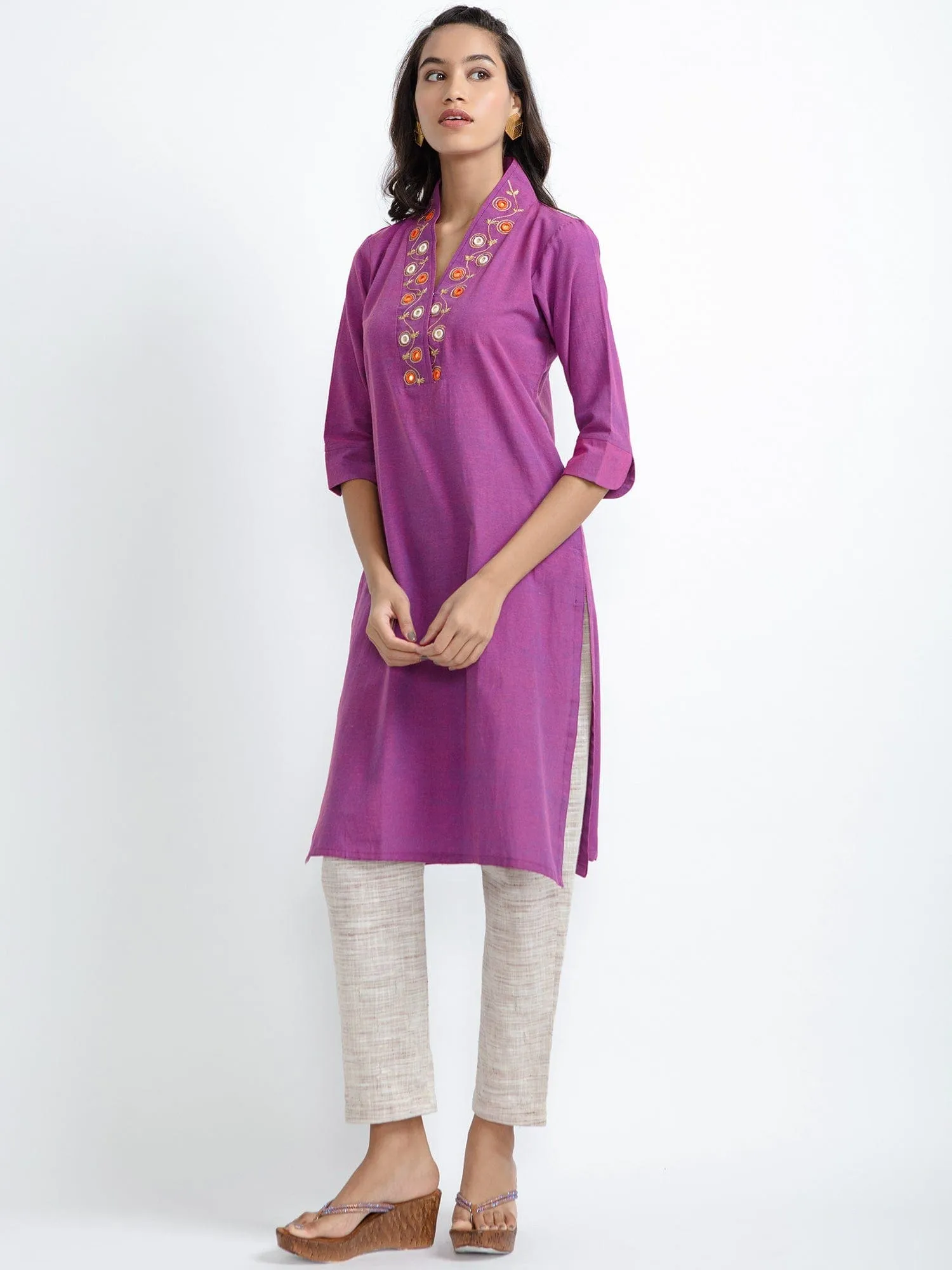 Mirror Work Cotton Kurta set - Purple