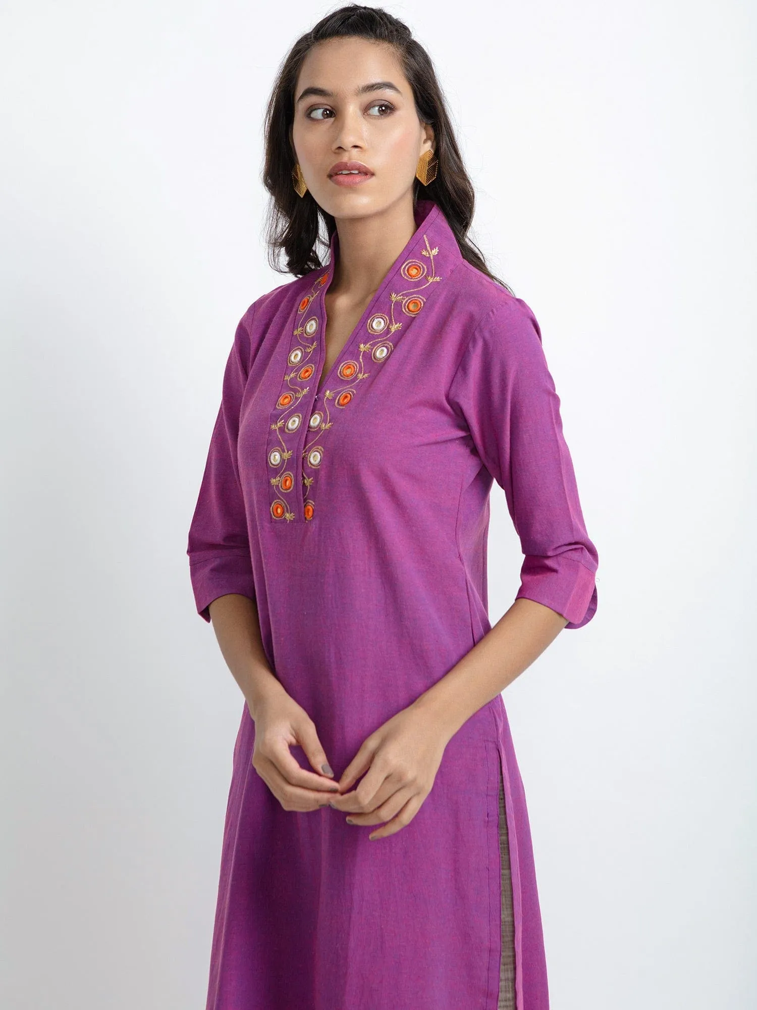 Mirror Work Cotton Kurta set - Purple