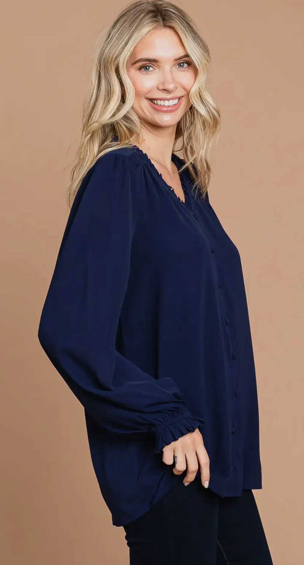 Navy V-Neck Blouse